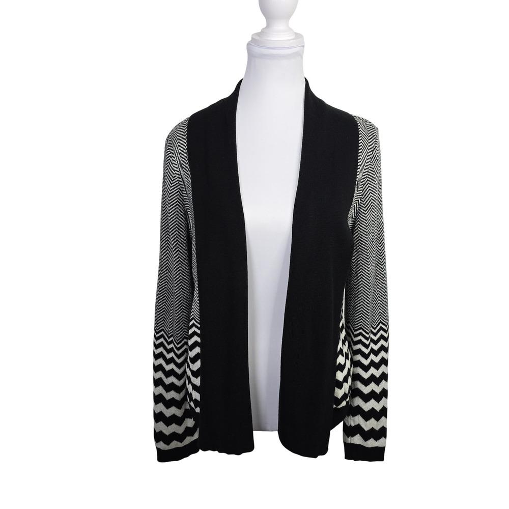 89th & Madison Womens Black White Chevron Herringbone Open Cardigan Sweater L